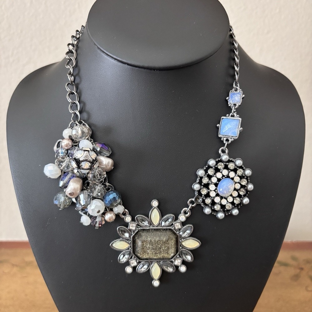 Chico's Beaded Rhinestone Chain Statement Necklace Blue Green Gray 16"